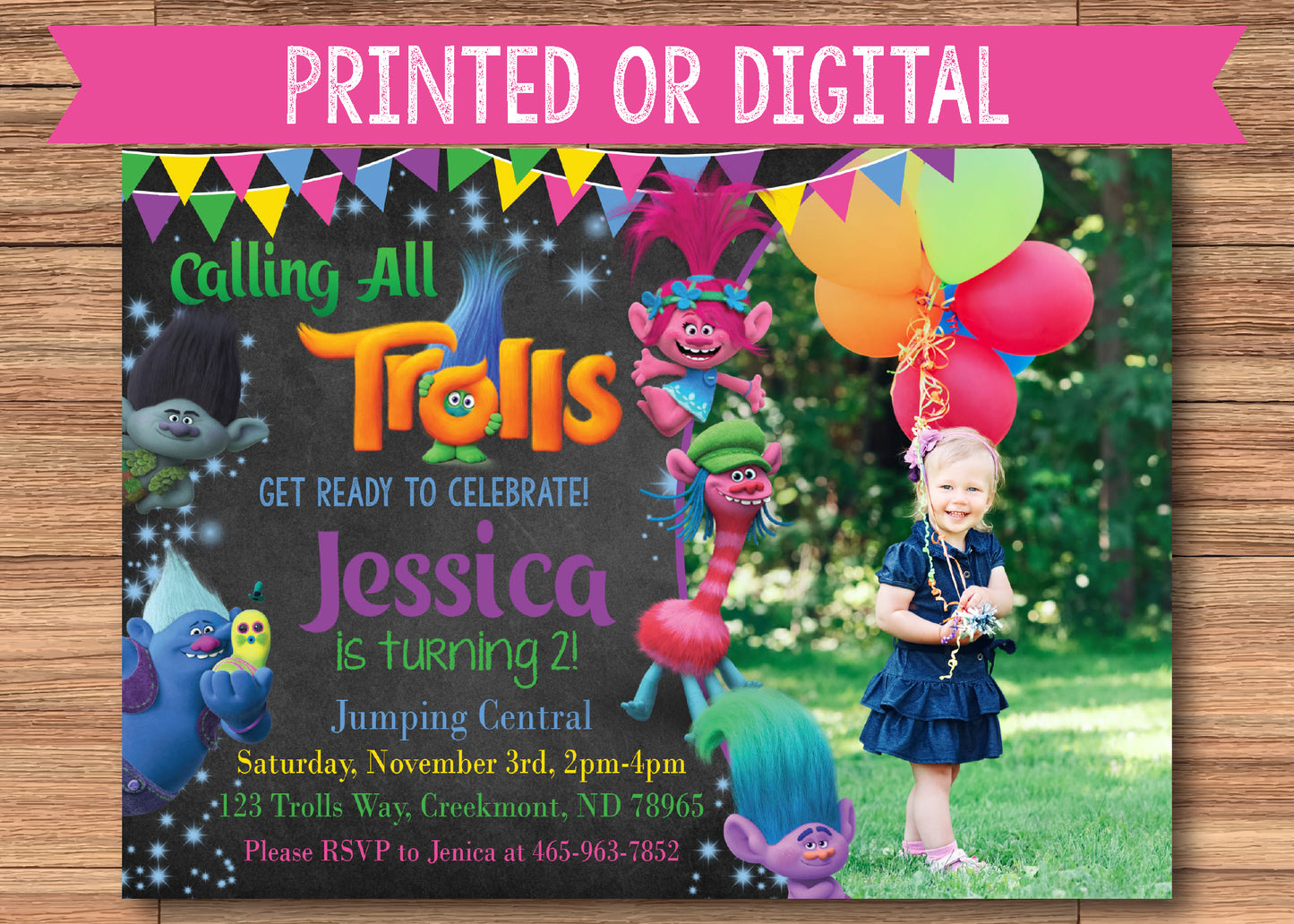 TROLLS Poppy, Branch, Cooper Birthday Party Invitation With Photo! Printed or Digital!