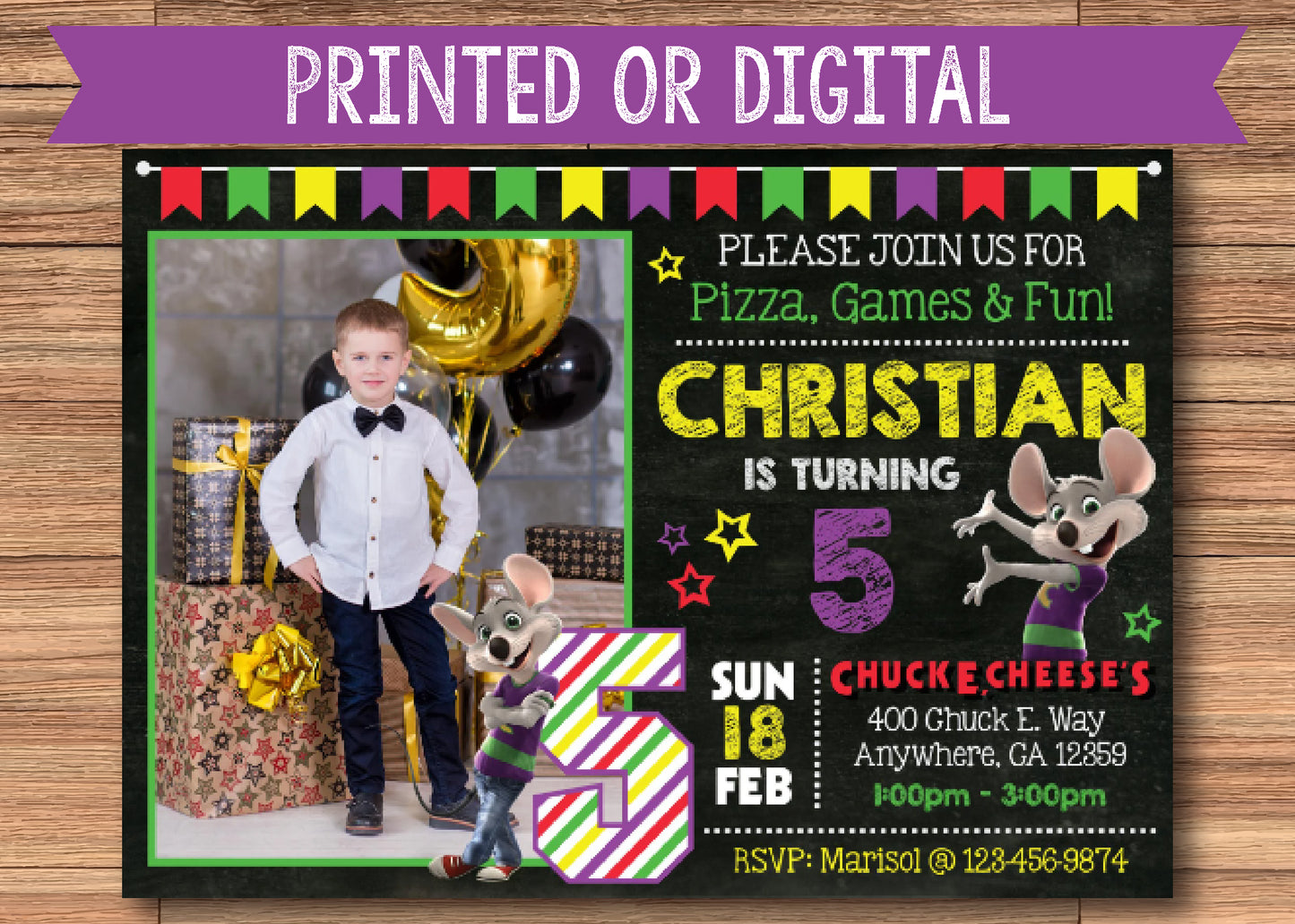 CHUCK E CHEESE Birthday Party Invitation with Photo - Printed or Digital File!
