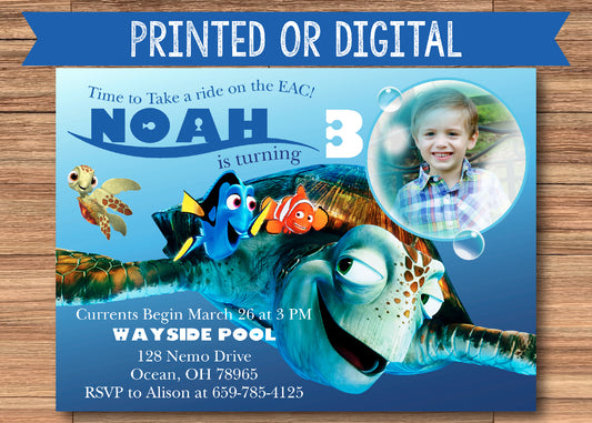 Finding Nemo Birthday Party Invitation with Photo! Nemo, Dory, Squirt, Crush! Printed or Digital!