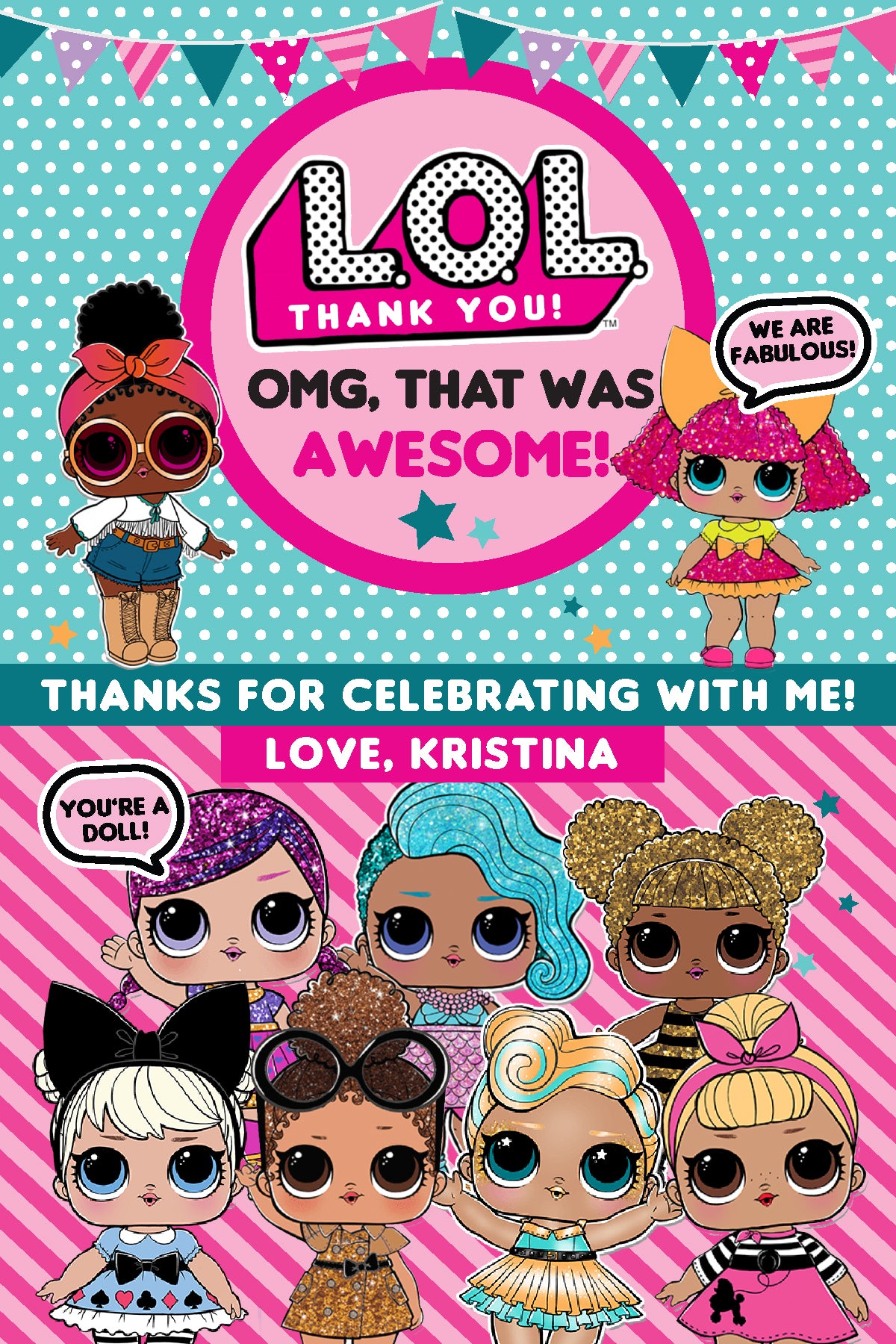 LOL DOLLS Thank You Birthday Card With or Without Photo! Printed or Digital File!