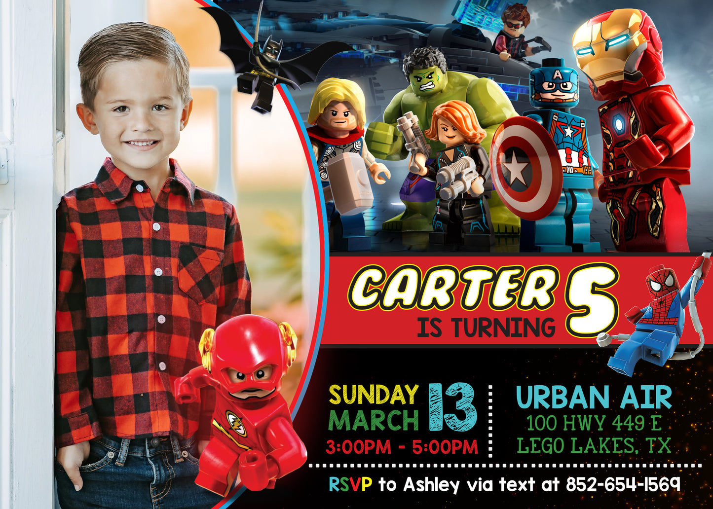 LEGO Avengers Superhero Printed or Digital Birthday Party Invitation with or Without Photo!