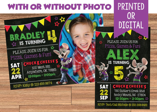 Boy CHUCK E CHEESE Birthday Party Invitation with or without Photo - Printed or Digital File!