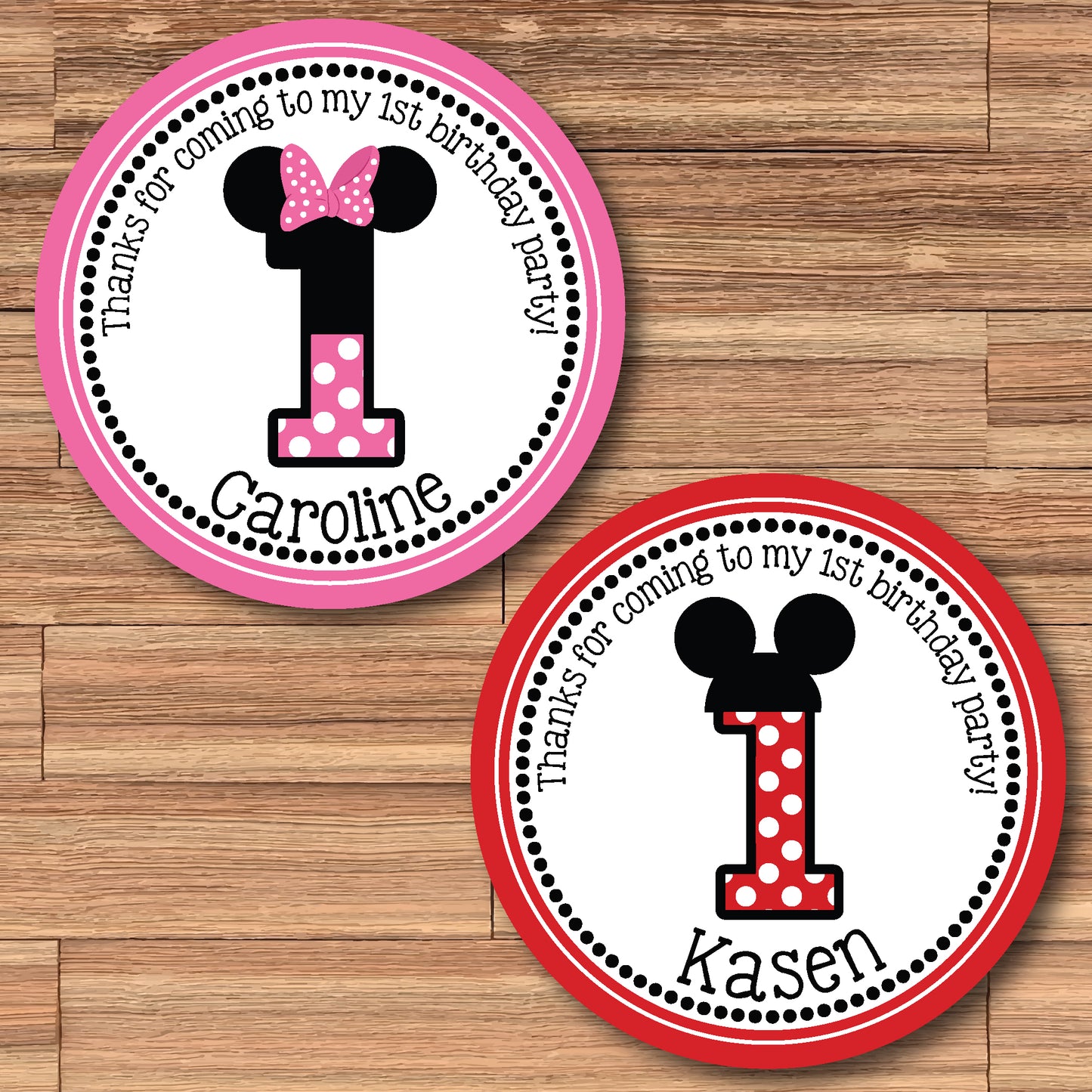 MICKEY & MINNIE MOUSE Pink or Red Personalized Stickers for Gift Bags, Party Favors! Printed or Digital!