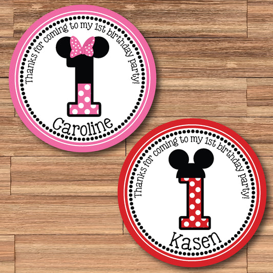 MICKEY & MINNIE MOUSE Pink or Red Personalized Stickers for Gift Bags, Party Favors! Printed or Digital!