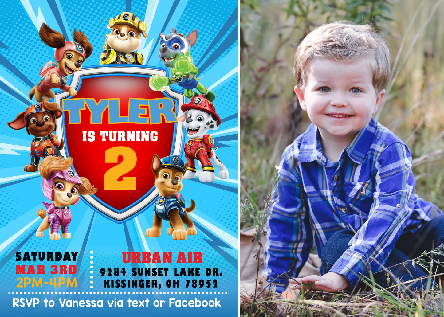 PAW PATROL Blue Mighty Pups Birthday Party Invitation with or without Photo - Printed or Digital File!