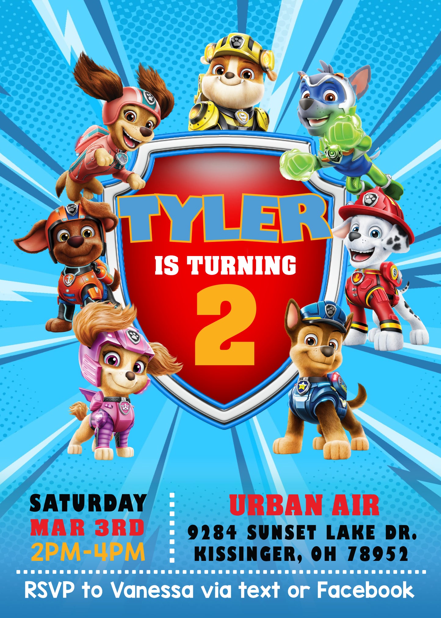 PAW PATROL Blue Mighty Pups Birthday Party Invitation with or without Photo - Printed or Digital File!