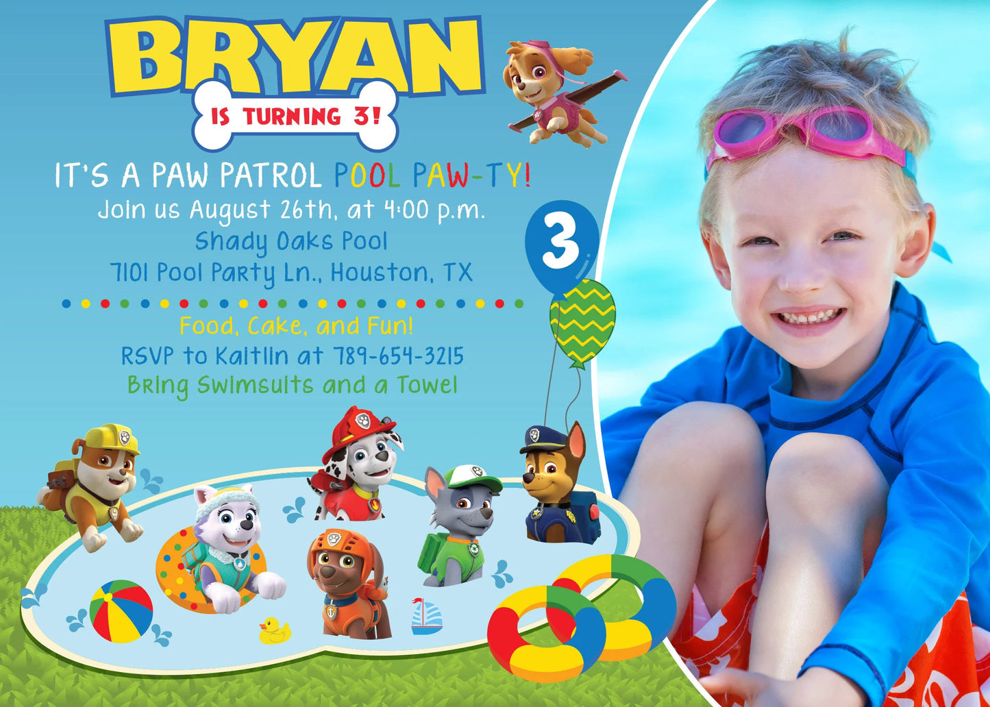 Paw Patrol POOL PARTY Digital or Printed Birthday Party Invitation with or without Photo!