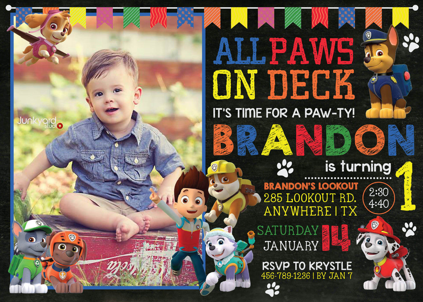 Custom PAW PATROL Digital or Printed Chalkboard Birthday Party Invitation with Photo!