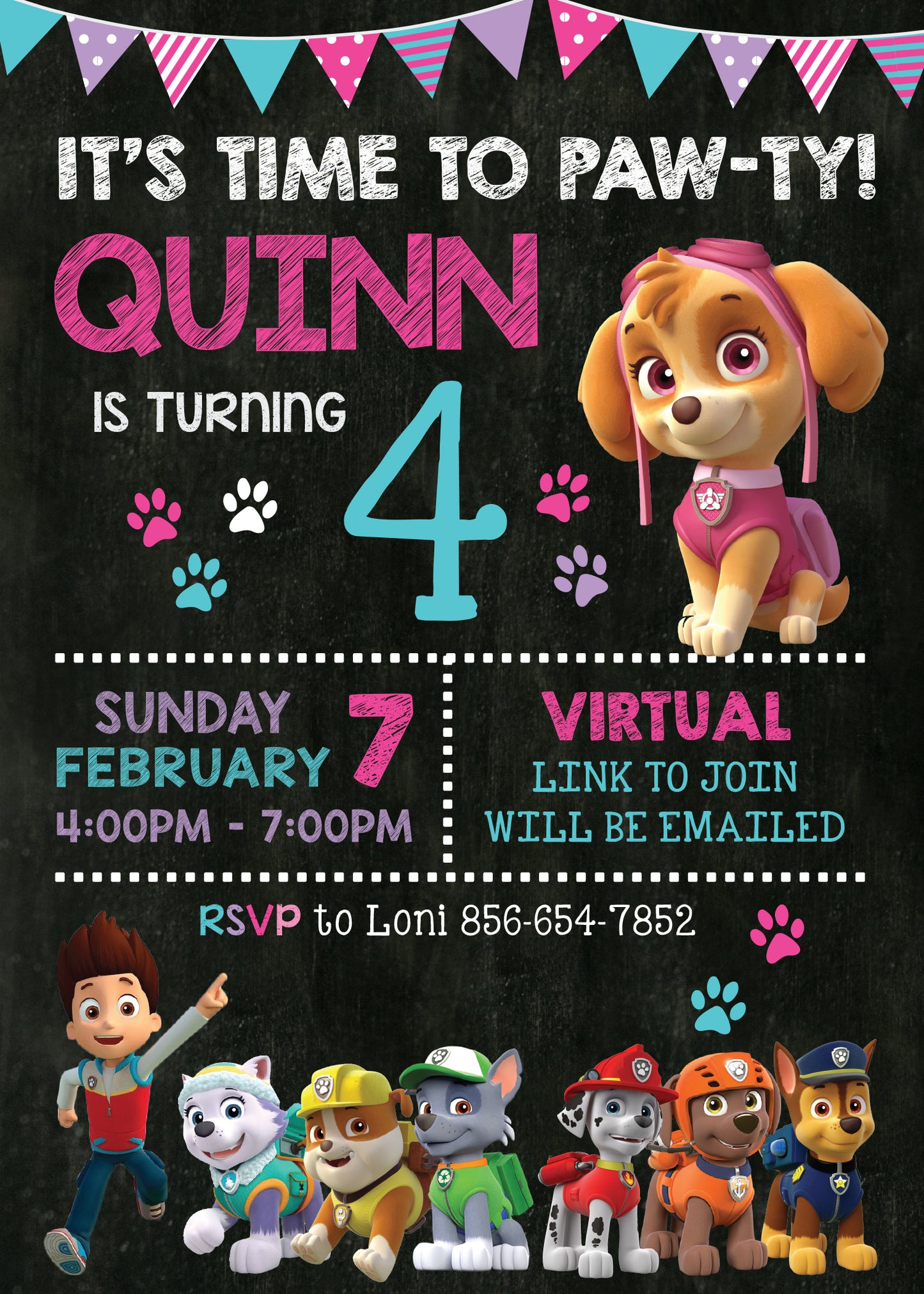 PAW PATROL Girl Digital or Printed Chalkboard Birthday Party Invitation with or without Photo!