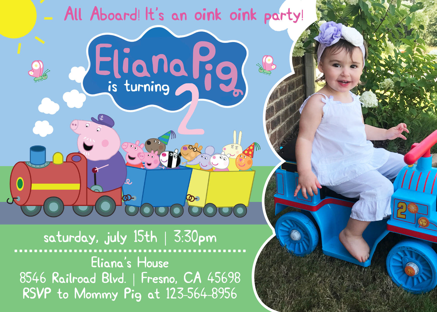 PEPPA PIG TRAIN Birthday Invitation with Photo or without Photo! Peppa & Friends! Printed or Digital!