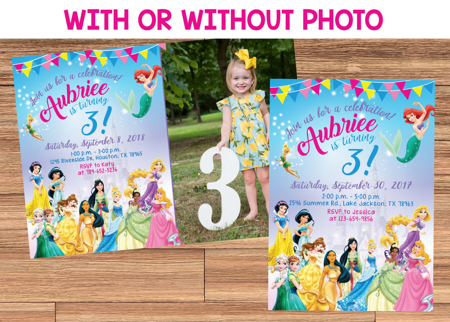 Disney Princess Invitation With or Without Photo! Belle, Snow White, Cinderella, Ariel, Jasmine & more! Printed or Digital!
