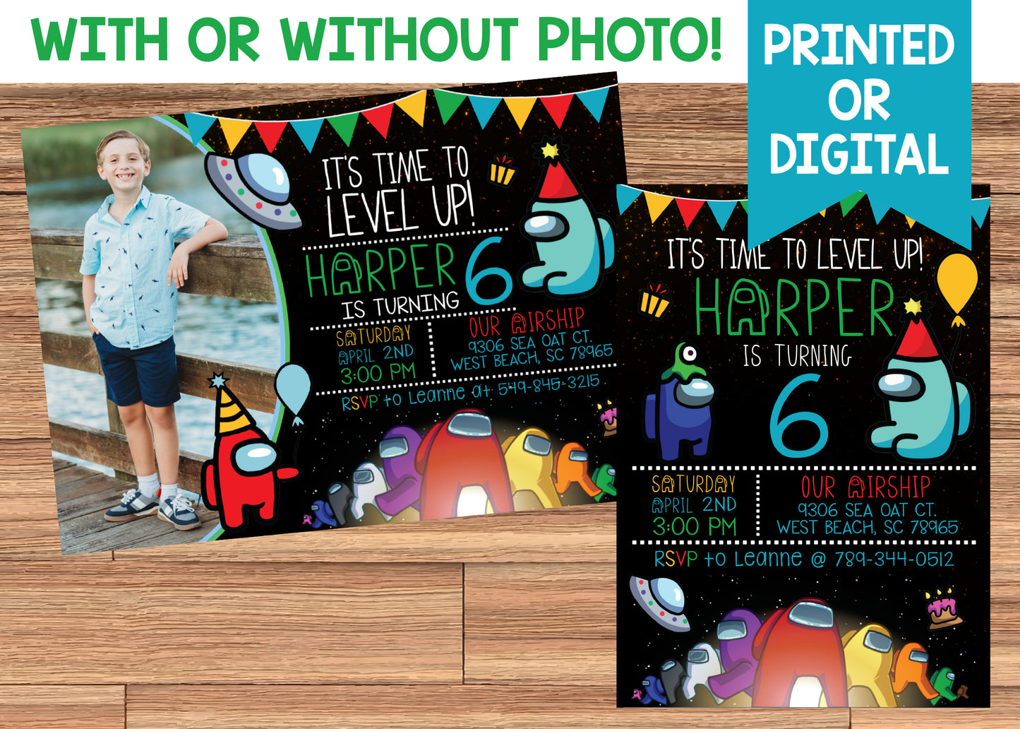 AMONG US Theme Birthday Party Invitation with or without Photo - Printed or Digital File!