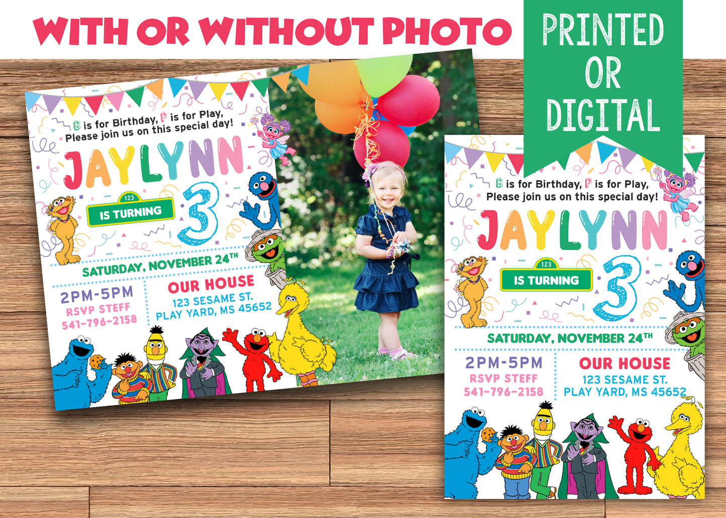 SESAME STREET Birthday Party Invitation with or without Photo! Big Bird and Elmo - Printed or Digital!