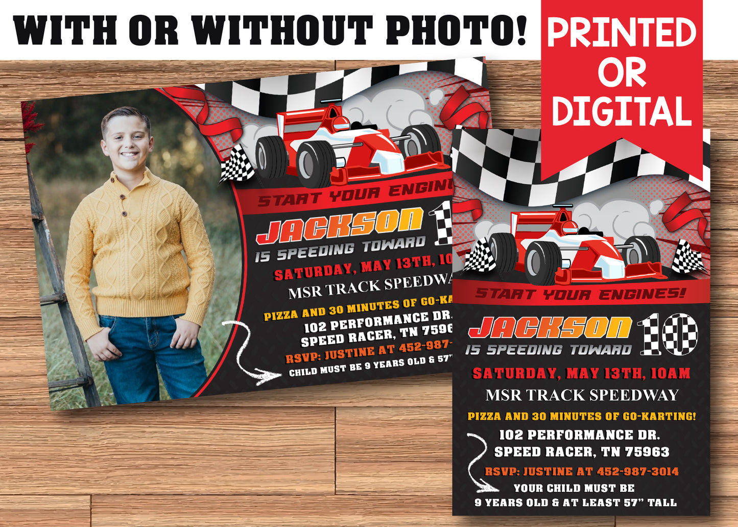 GO KART RACING Birthday Party Invitation with or without Photo - Printed or Digital File!