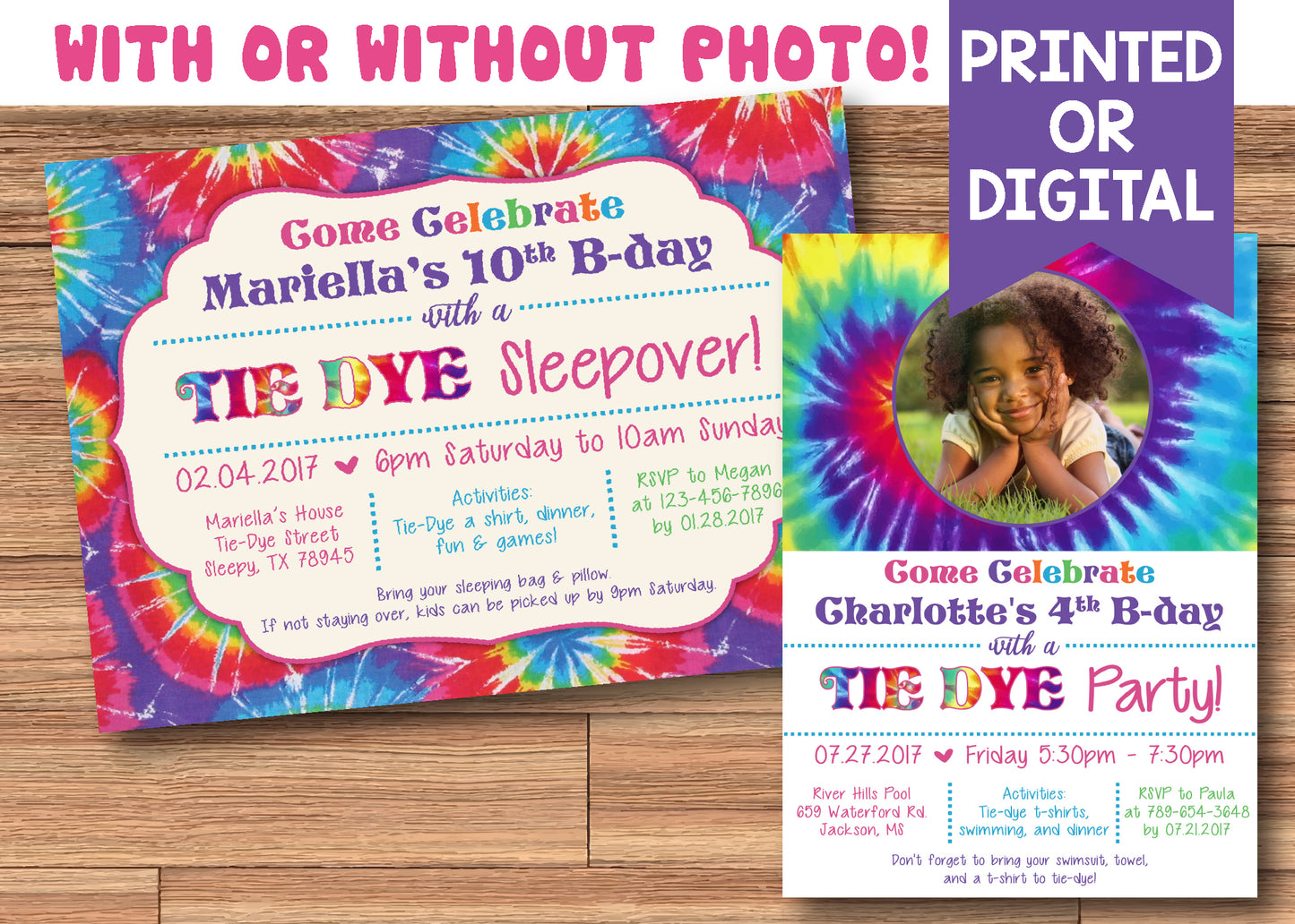 TIE DYE PARTY Birthday Invitation with or without Photo - Printed or Digital File!