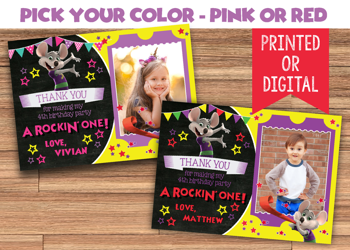 CHUCK E CHEESE Thank You Card With or Without Photo - Printed or Digital File!