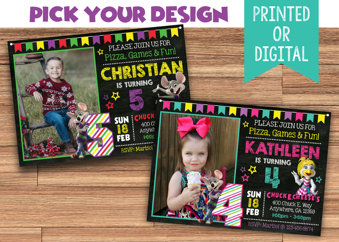 CHUCK E CHEESE Invitation With Photo - Digital or Printed! Choose Your Design!