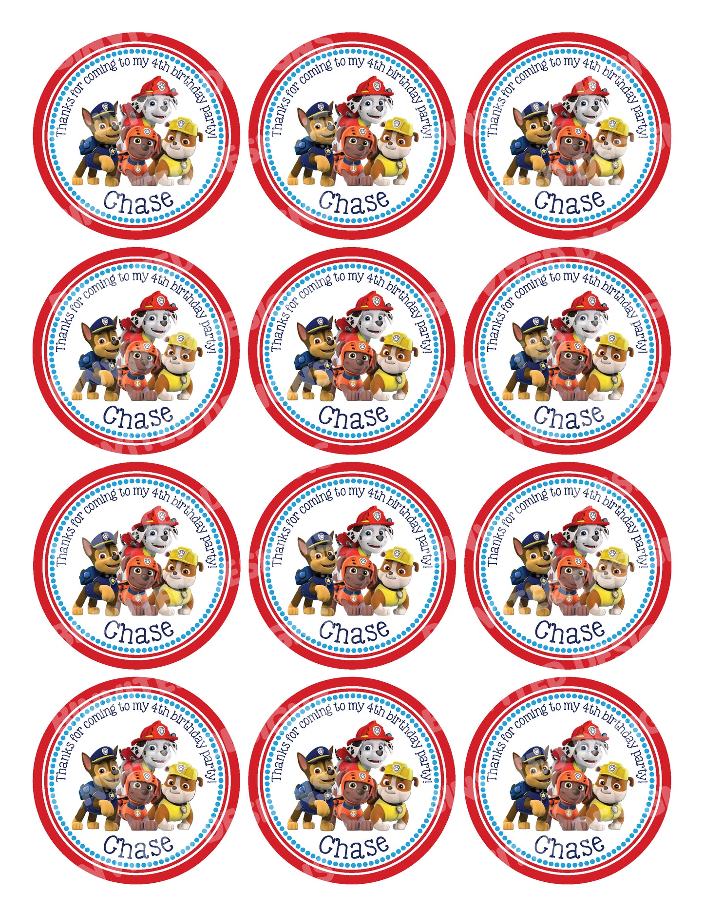 PAW PATROL Custom Stickers for Gift Bags, Party Favors! Printed or Digital! Marshall, Chase, Zuma, Rubble!