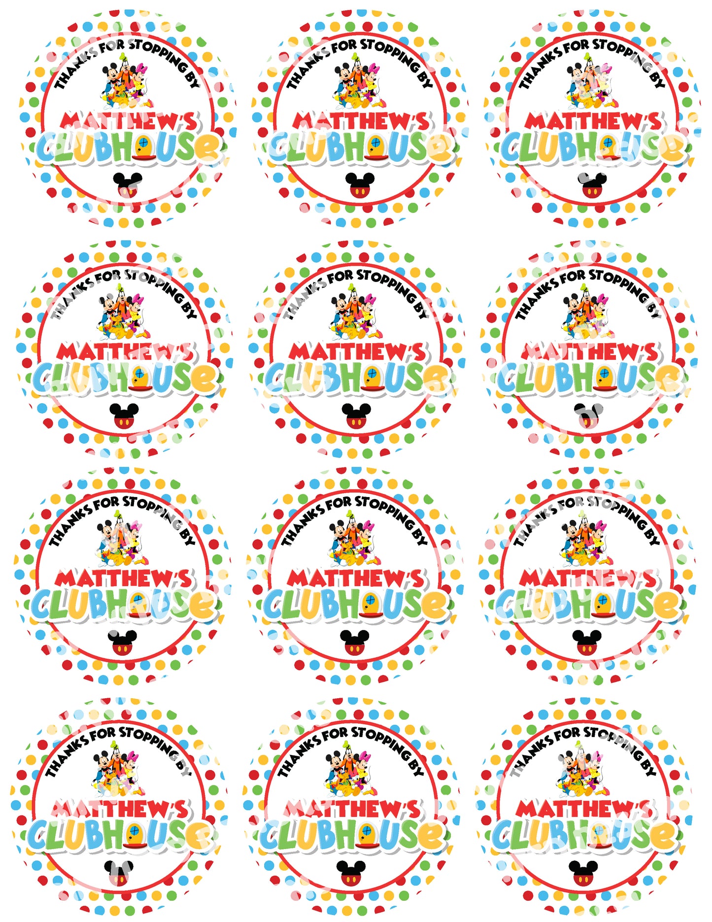 MICKEY MOUSE CLUBHOUSE Personalized Stickers for Gift Bags, Party Favors! Printed or Digital