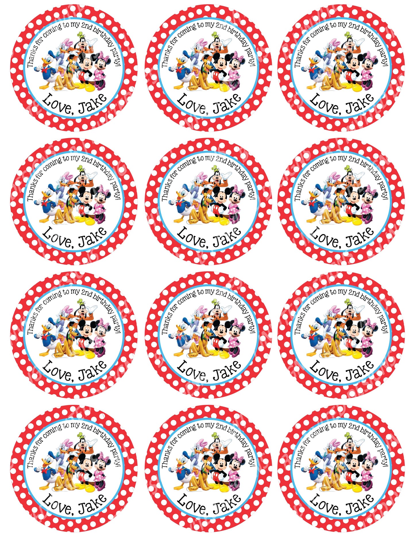 MICKEY MOUSE CLUBHOUSE Custom Red Polka-dot Stickers for Gift Bags, Party Favors! Printed or Digital!