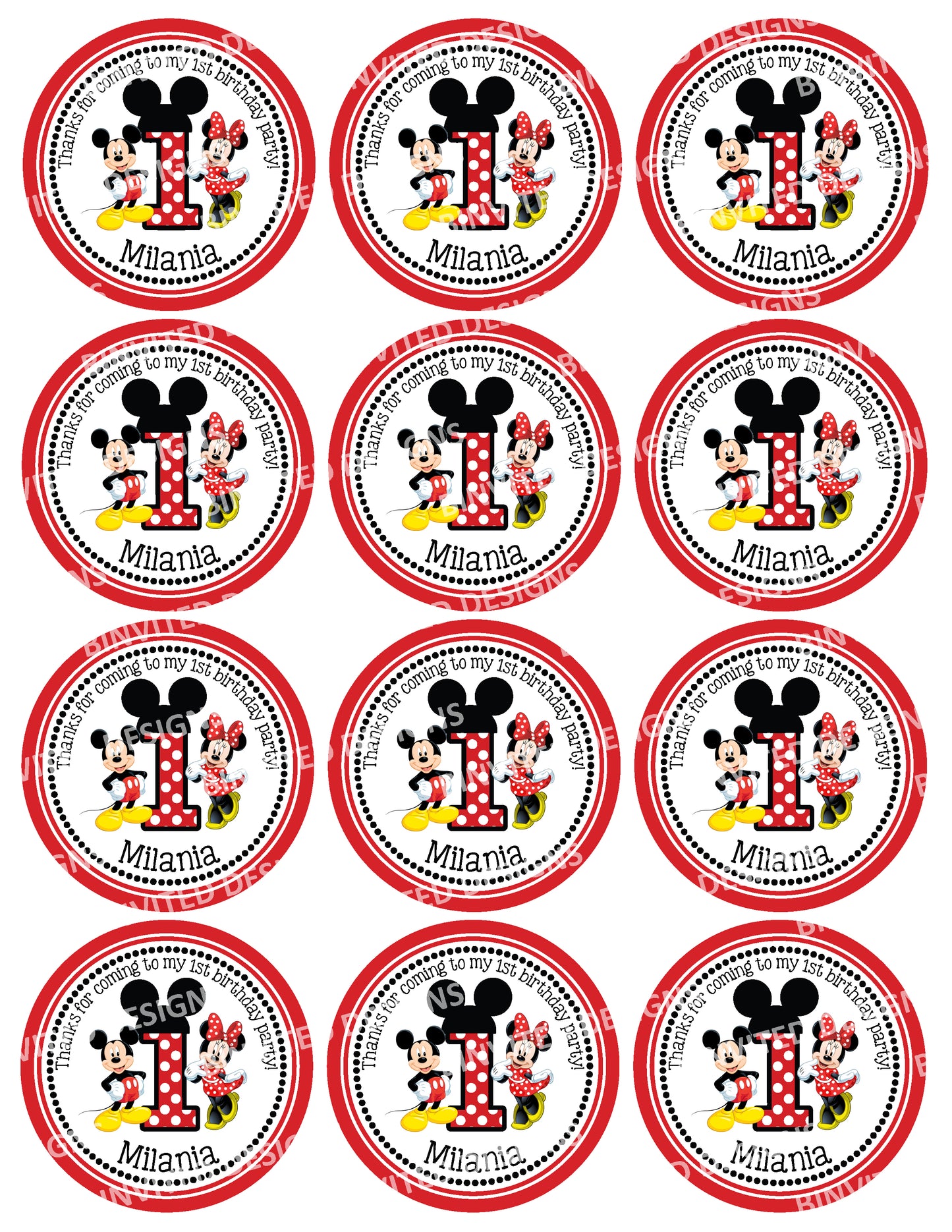 MICKEY & MINNIE MOUSE Digital or Printed Birthday Number Custom Stickers for Gift Bag, Party Favors!