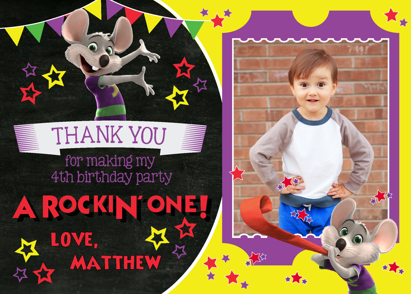 CHUCK E CHEESE Thank You Card With or Without Photo - Printed or Digital File!
