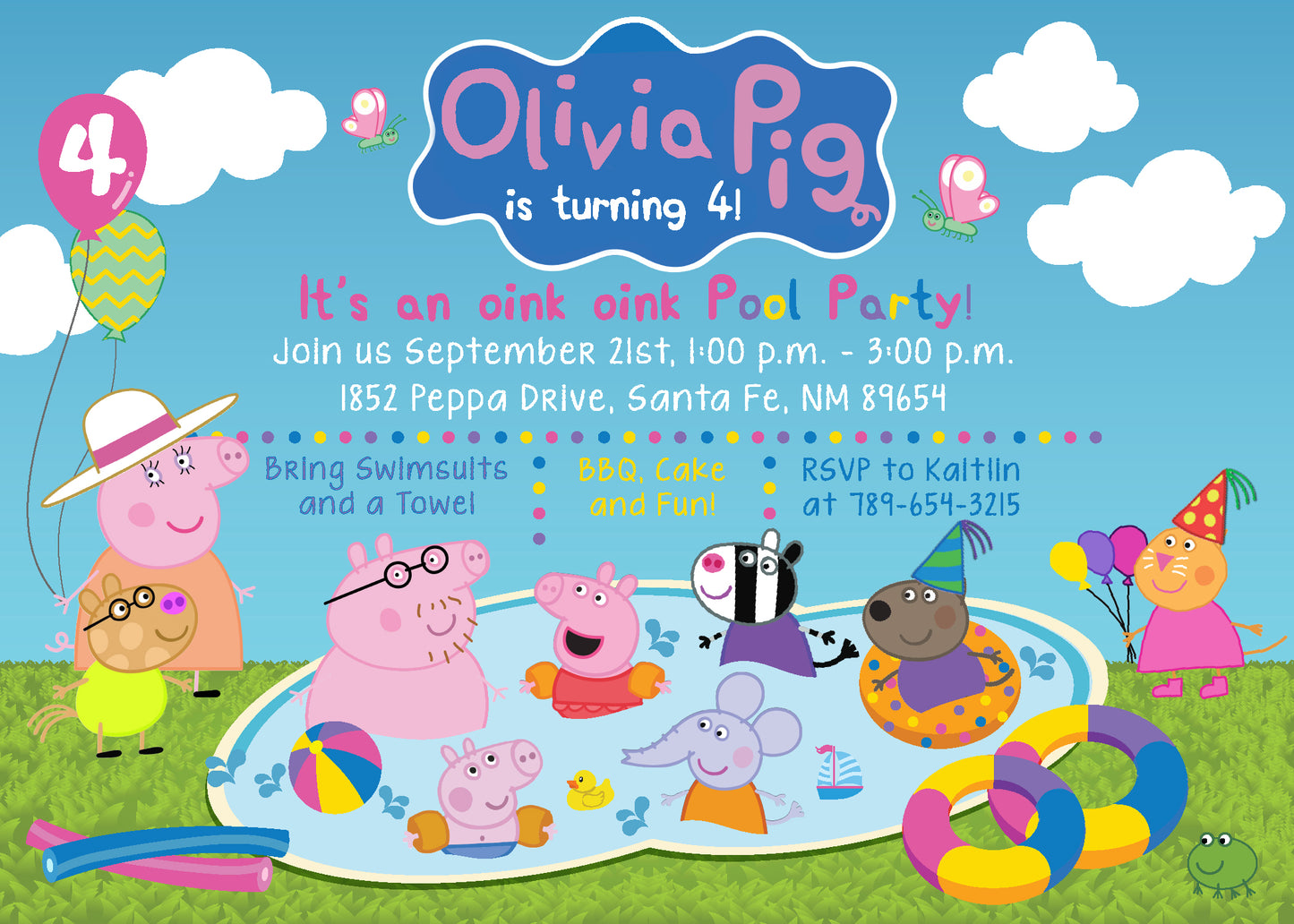 Custom PEPPA PIG & Friends Pool Party Printed OR Digital Pool Bash Birthday Invitation!