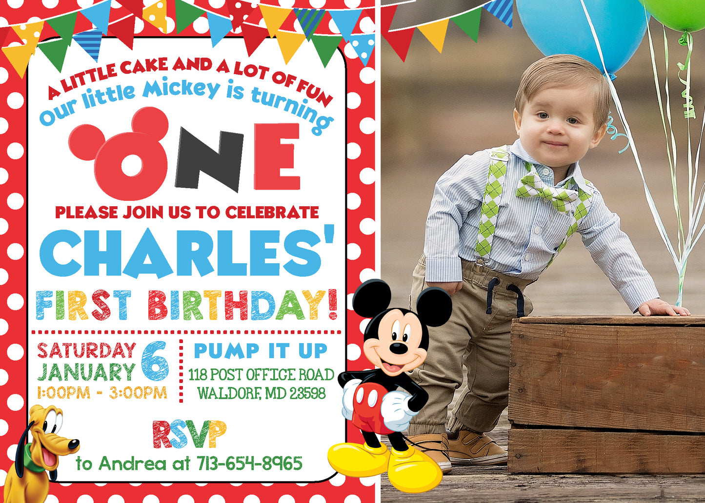RED Polka-dot MICKEY MOUSE Birthday Invitation with Photo! Printed or Digital!