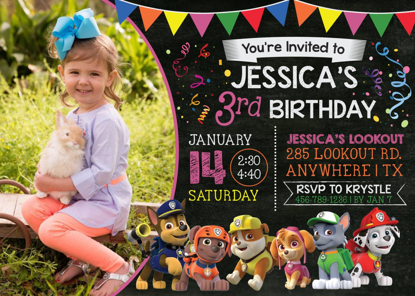 PAW PATROL Boy or Girl Birthday Party Invitation with Photo! Digital or Printed!