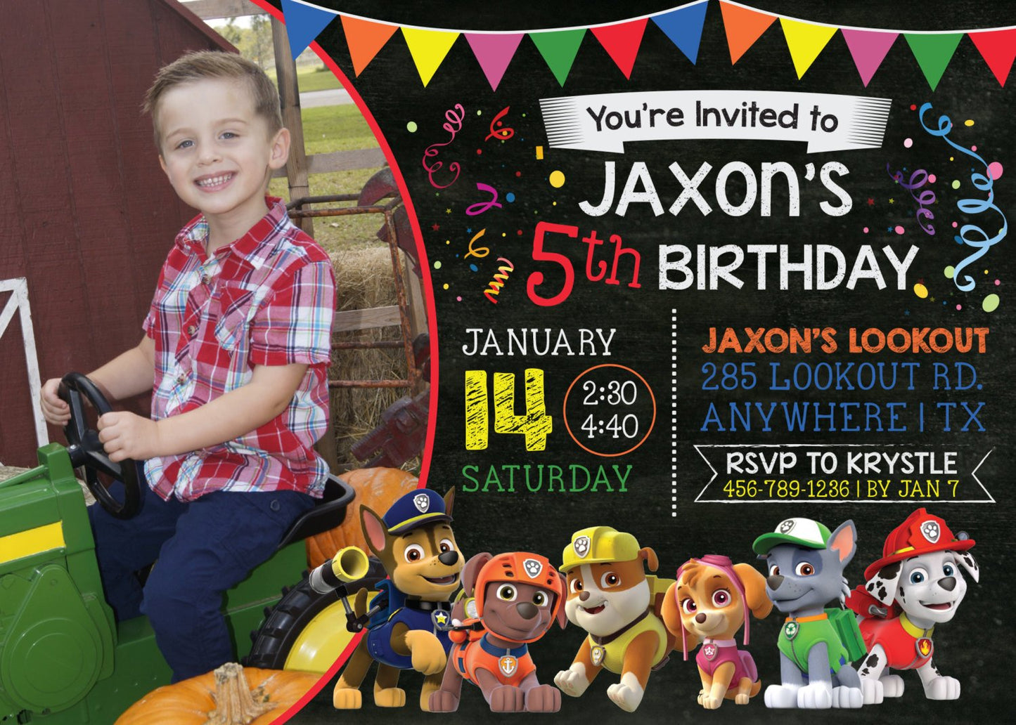 PAW PATROL Boy or Girl Birthday Party Invitation with Photo! Digital or Printed!