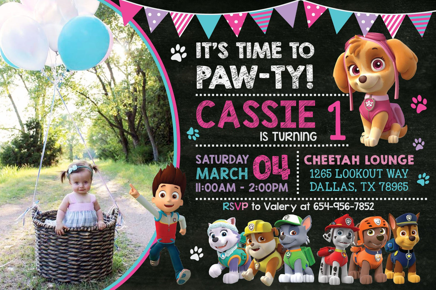 PAW PATROL Girl Digital or Printed Chalkboard Birthday Party Invitation with or without Photo!