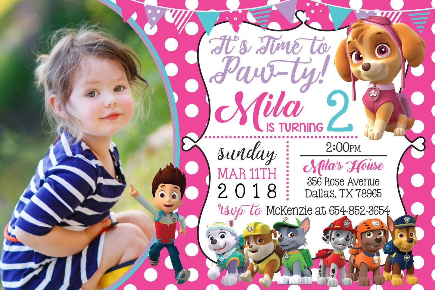 PAW PATROL Digital or Printed PINK Polka-dot Birthday Party Invitation with or without Photo!