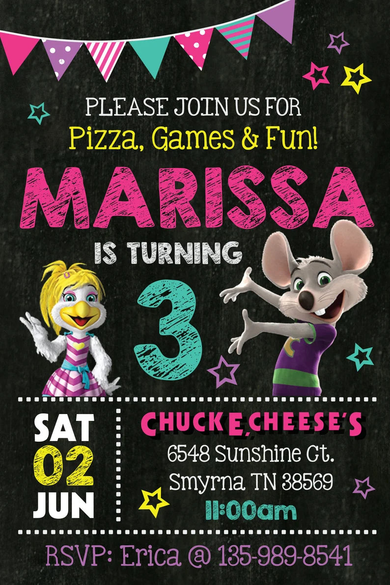 CHUCK E CHEESE Birthday Party Invitation with or without Photo - Printed or Digital File!