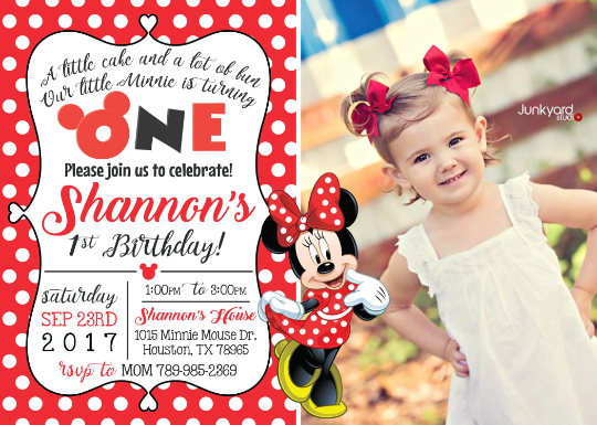 RED or PINK Polka-dot Minnie Mouse Birthday Invitation with Photo! Printed or Digital!