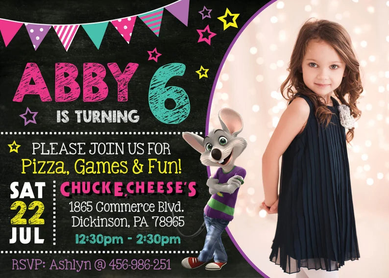 CHUCK E CHEESE Birthday Party Invitation with or without Photo - Printed or Digital File!