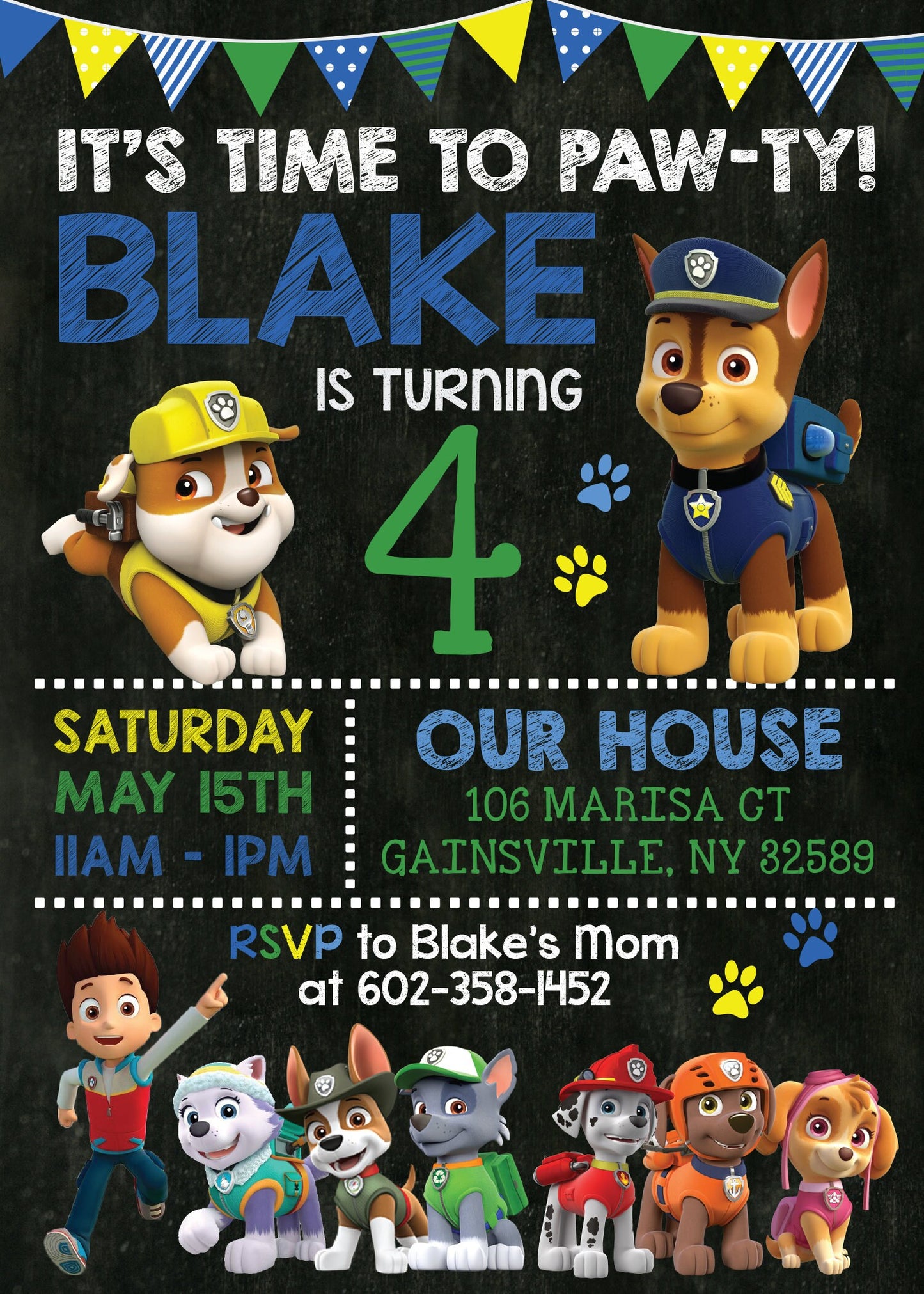 PAW PATROL Boy Digital or Printed Chalkboard Birthday Party Invitation with or without Photo!