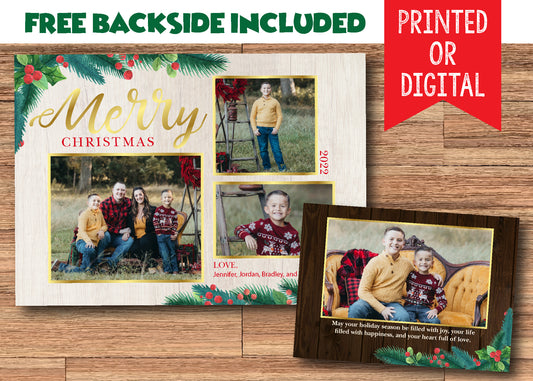 Beautiful Holiday Christmas Card Digital or Printed with Photos and FREE Backside!