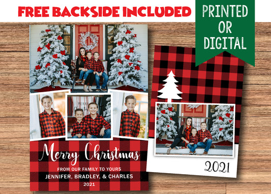 Red and Black Buffalo Plaid Holiday Christmas Card Digital or Printed with Photos and FREE Backside!