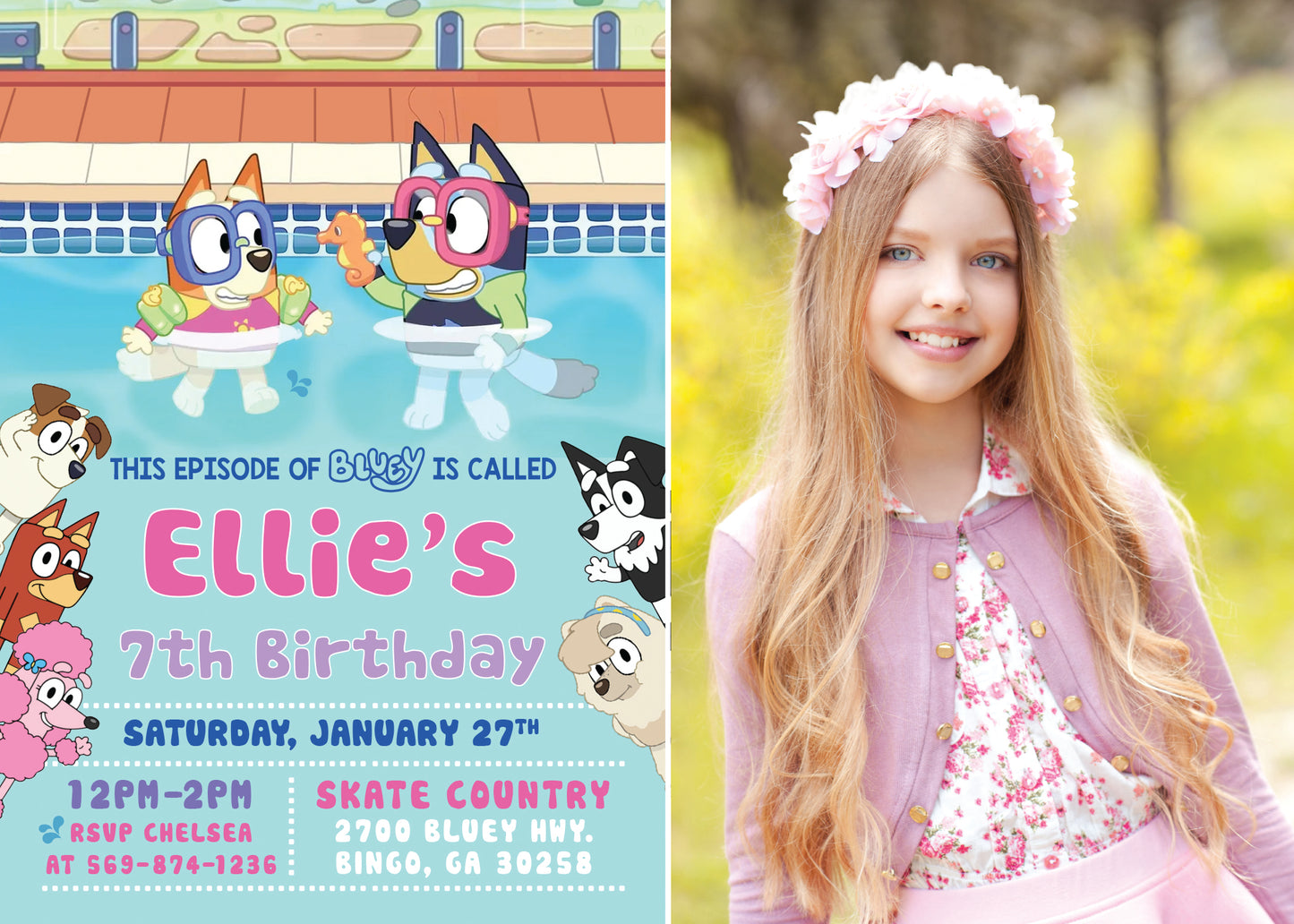 BLUEY Pool and Swim Party Birthday Invitation with or without Photo - Printed or Digital File!