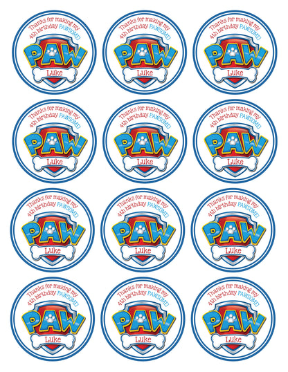 PAW PATROL Shield Printed or Digital Custom Birthday Party Stickers for Gift Bags, Party Favors!