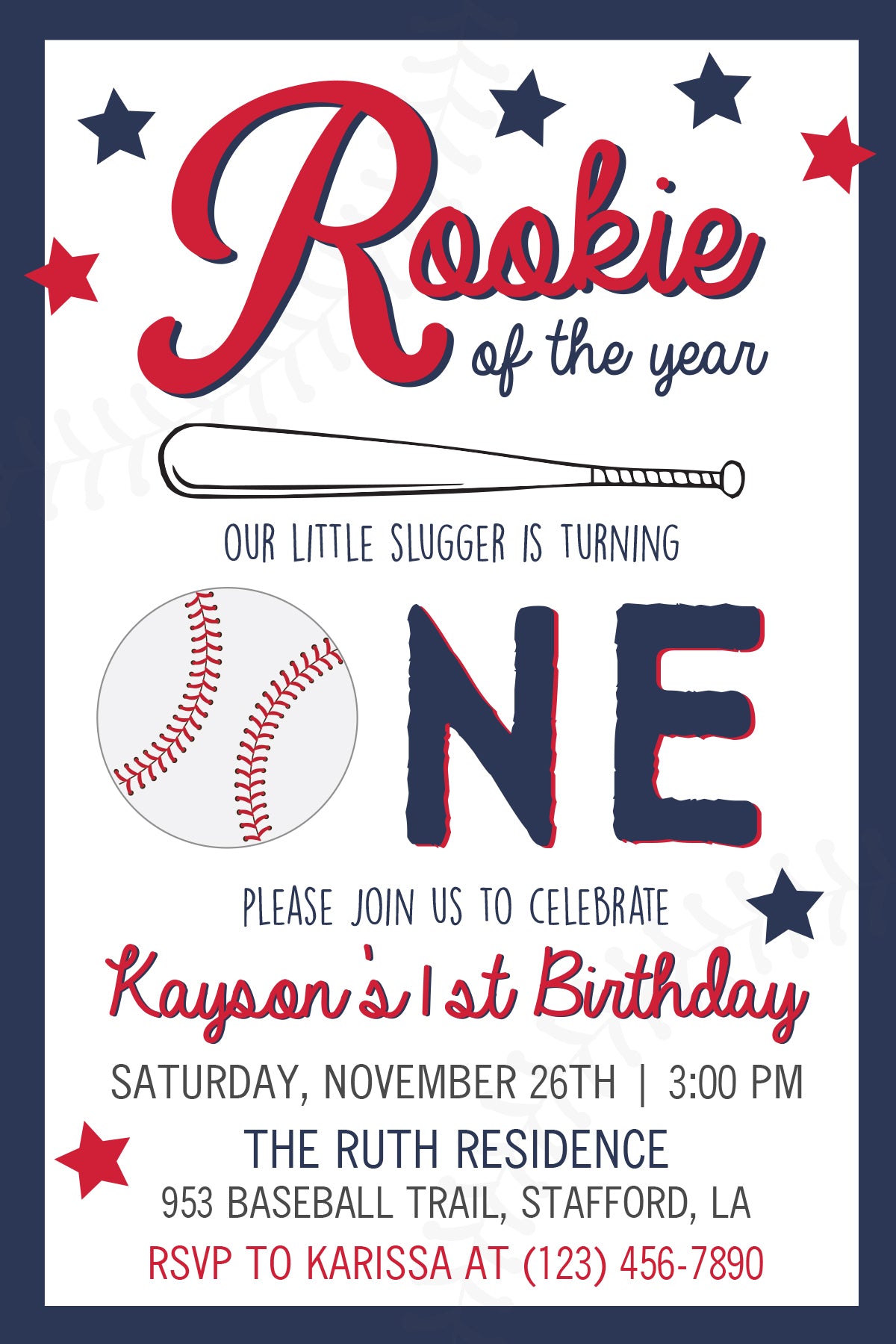 BASEBALL Rookie of the Year Birthday Digital or Printed Invitation with or without Photo!