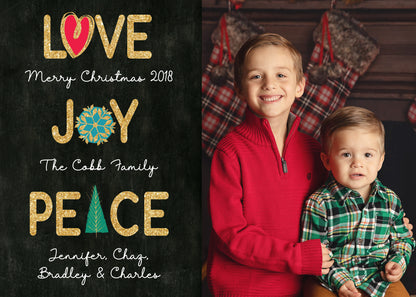 Love, Joy, and Peace Holiday Christmas Card Digital or Printed with Photo!