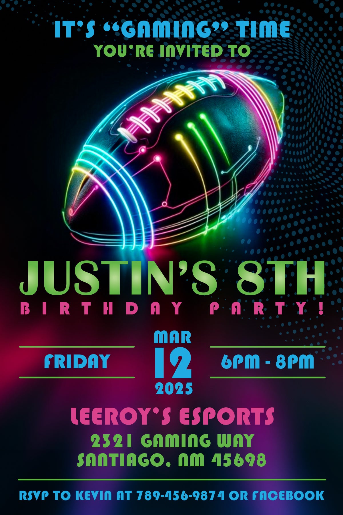 FOOTBALL Gaming Neon Birthday Digital or Printed Invitation with or without Photo!