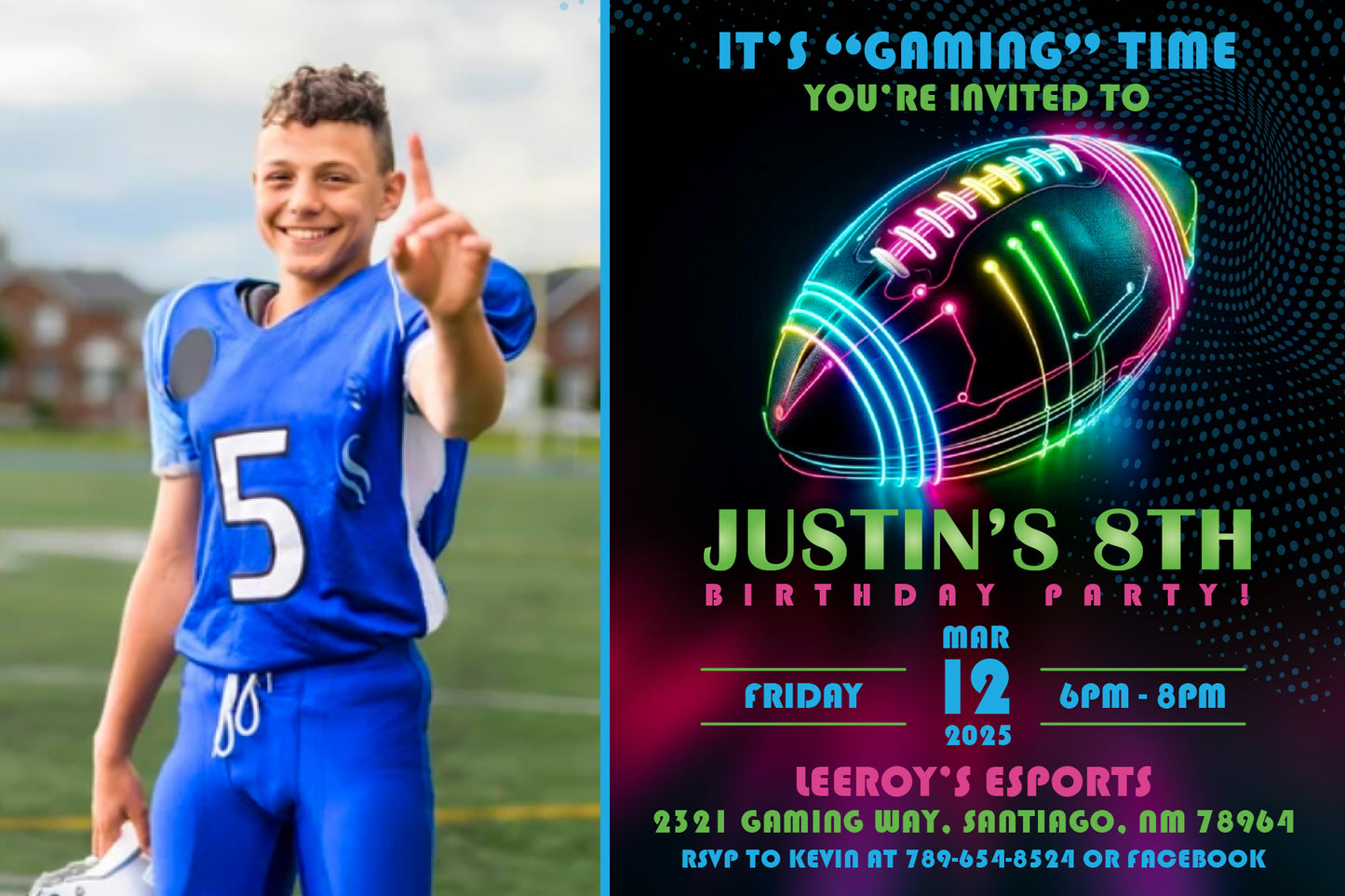 FOOTBALL Gaming Neon Birthday Digital or Printed Invitation with or without Photo!