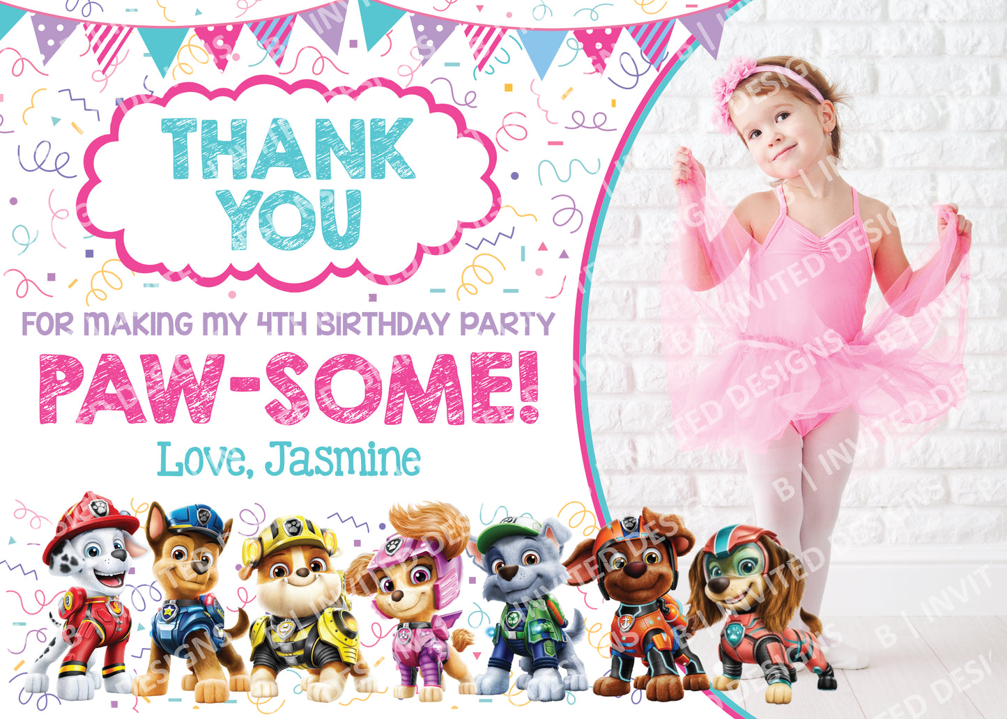 PAW PATROL Girl Digital or Printed Thank You Card with or without Photo!