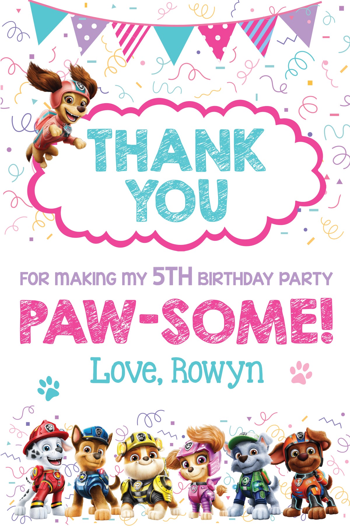 PAW PATROL Girl Digital or Printed Thank You Card with or without Photo!