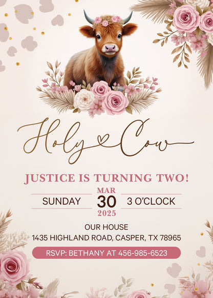 Highland Holy Cow Pink Boho Birthday Party Invitation with or without Photo - Printed or Digital!