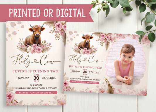 Highland Holy Cow Pink Boho Birthday Party Invitation with or without Photo - Printed or Digital!