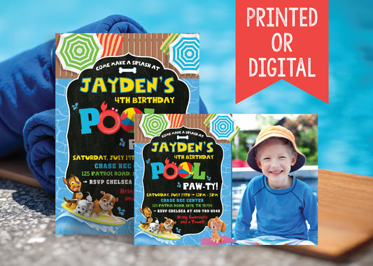 PAW PATROL Pool and Swim Party Birthday Invitation with or without Photo - Printed or Digital File!