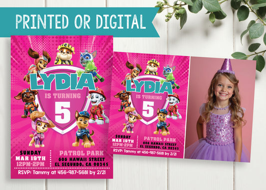 PAW PATROL Pink Mighty Pups Birthday Party Invitation with or without Photo - Printed or Digital File!
